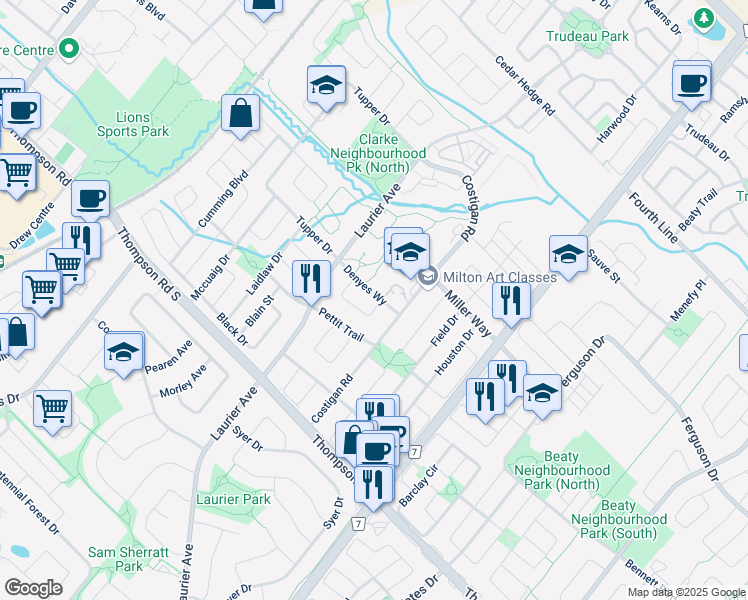 map of restaurants, bars, coffee shops, grocery stores, and more near 1248 McMullen Crescent in Milton