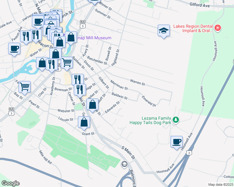 map of restaurants, bars, coffee shops, grocery stores, and more near 198 Baldwin Street in Laconia