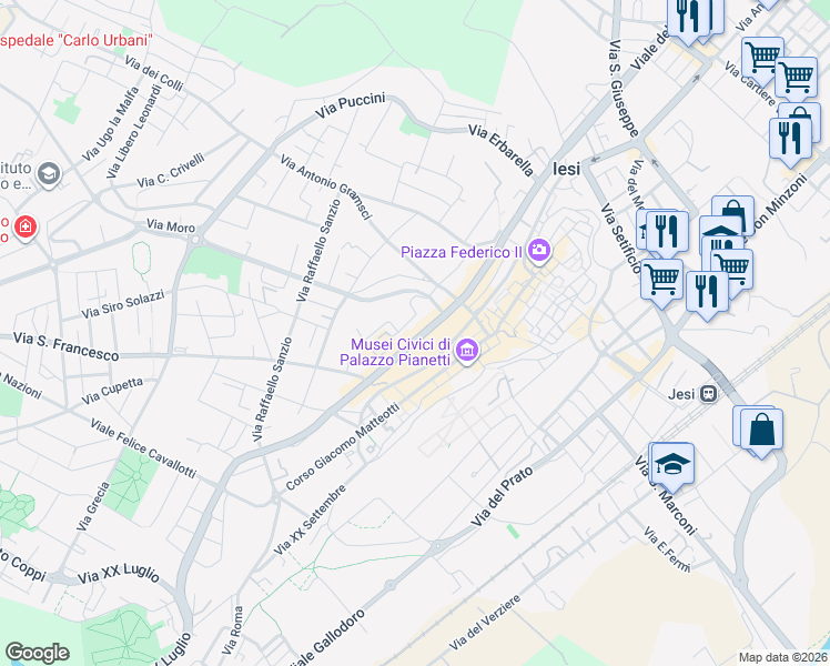 map of restaurants, bars, coffee shops, grocery stores, and more near 85 Viale della Vittoria in Jesi