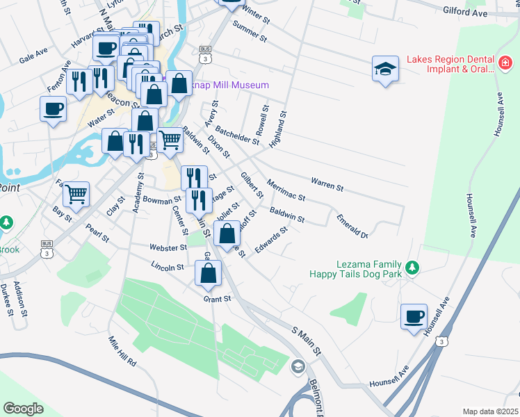 map of restaurants, bars, coffee shops, grocery stores, and more near 159 Baldwin Street in Laconia