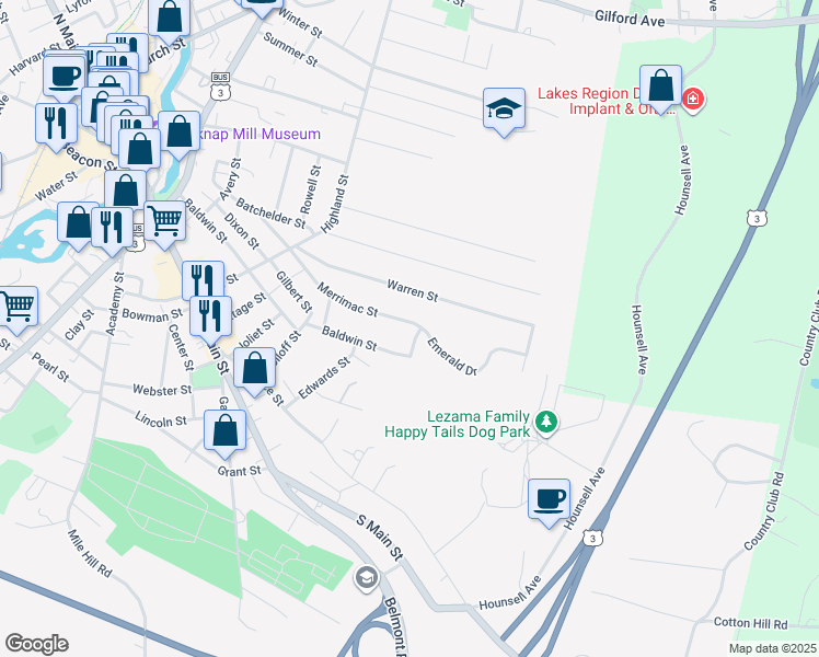 map of restaurants, bars, coffee shops, grocery stores, and more near 123 Merrimac Street in Laconia
