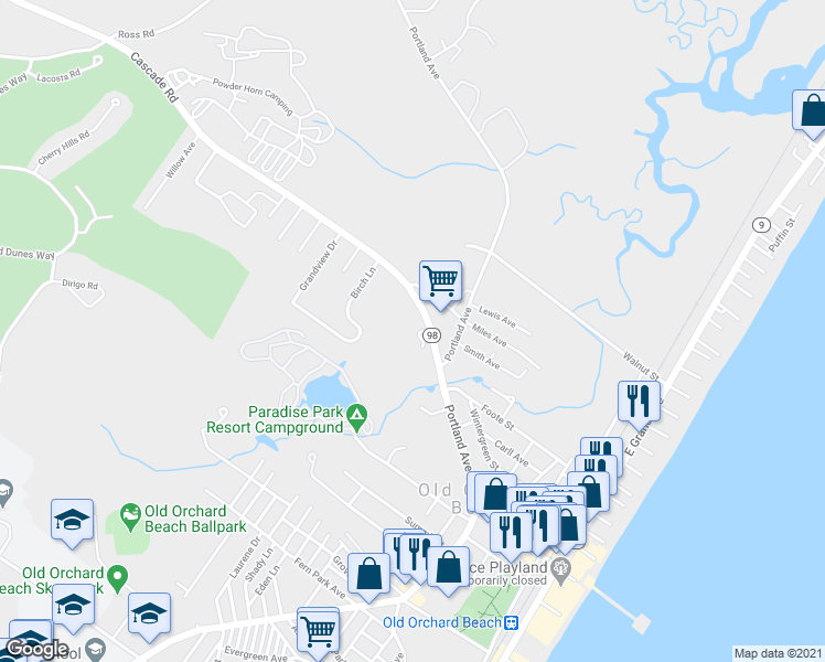 map of restaurants, bars, coffee shops, grocery stores, and more near 3 Seaglass Terrace in Old Orchard Beach