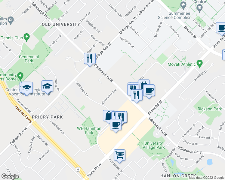 map of restaurants, bars, coffee shops, grocery stores, and more near 8 Wilsonview Avenue in Guelph