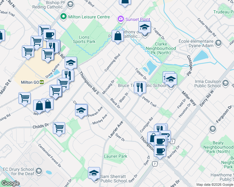 map of restaurants, bars, coffee shops, grocery stores, and more near 1031 Laidlaw Drive in Milton