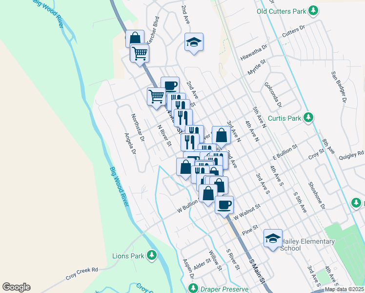 map of restaurants, bars, coffee shops, grocery stores, and more near 403 North Main Street in Hailey