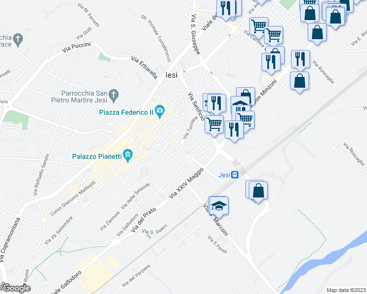 map of restaurants, bars, coffee shops, grocery stores, and more near 4 Via Carlo Rosselli in Jesi