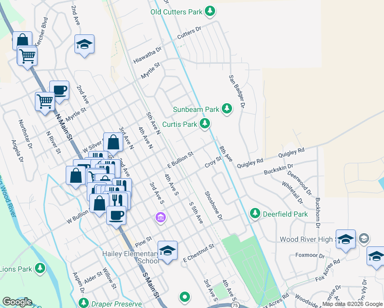 map of restaurants, bars, coffee shops, grocery stores, and more near 639 Bullion St in Hailey