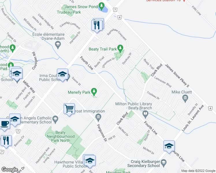 map of restaurants, bars, coffee shops, grocery stores, and more near 754 Fourth Line in Milton