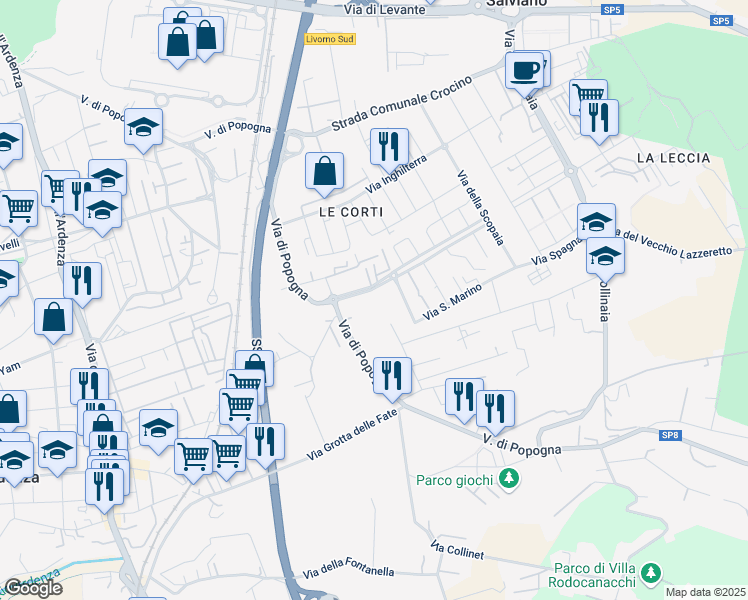 map of restaurants, bars, coffee shops, grocery stores, and more near 22 Via Gastone Razzaguta in Livorno