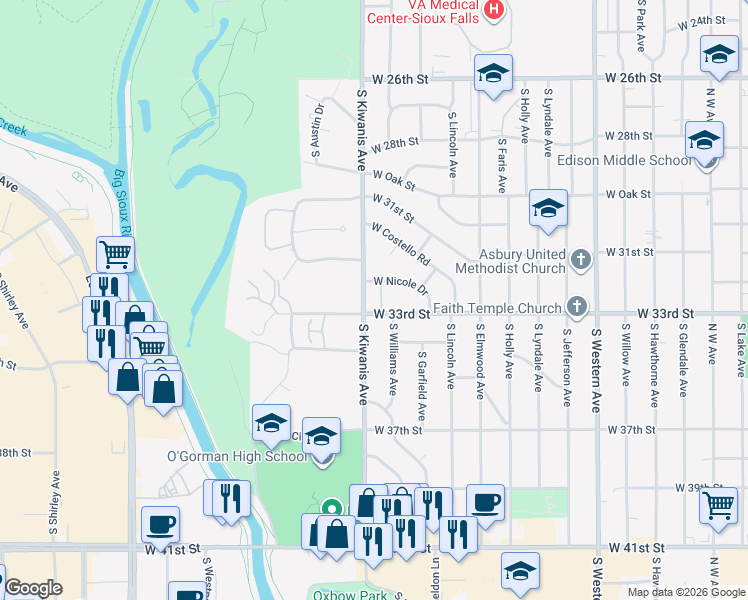 map of restaurants, bars, coffee shops, grocery stores, and more near 2507 South Lockwood Place in Sioux Falls