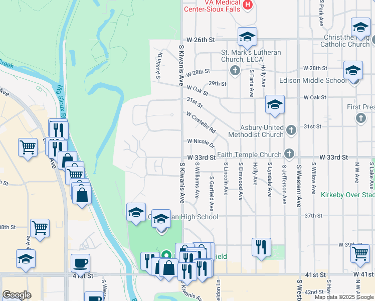 map of restaurants, bars, coffee shops, grocery stores, and more near 2507 South Lockwood Place in Sioux Falls