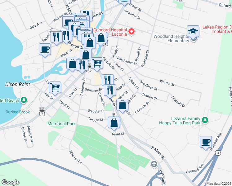 map of restaurants, bars, coffee shops, grocery stores, and more near 309 South Main Street in Laconia