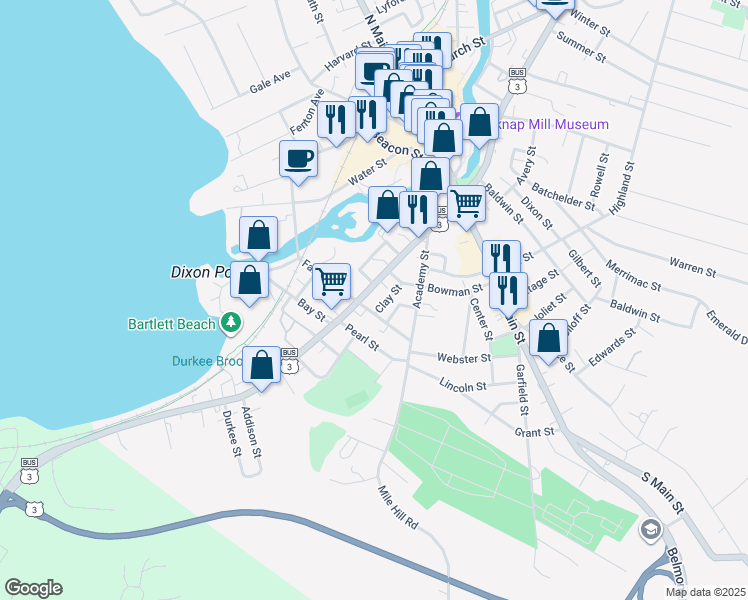 map of restaurants, bars, coffee shops, grocery stores, and more near 21 Clay Street in Laconia