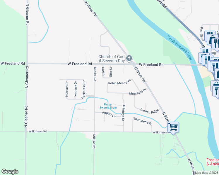 map of restaurants, bars, coffee shops, grocery stores, and more near 7826 Sedgewick Drive in Freeland