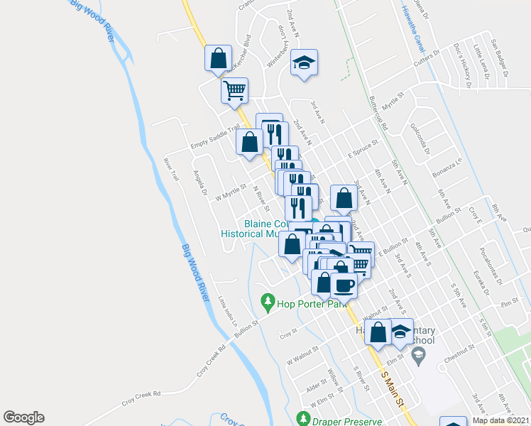 map of restaurants, bars, coffee shops, grocery stores, and more near 415 North River Street in Hailey