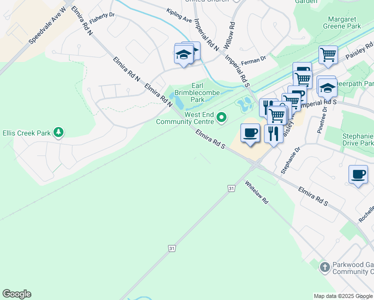 map of restaurants, bars, coffee shops, grocery stores, and more near 19 Elmira Road South in Guelph