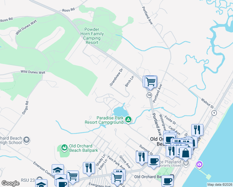 map of restaurants, bars, coffee shops, grocery stores, and more near 23 Birch Lane in Old Orchard Beach