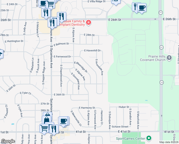 map of restaurants, bars, coffee shops, grocery stores, and more near 5108 East Blueridge Drive in Sioux Falls