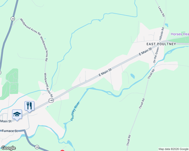 map of restaurants, bars, coffee shops, grocery stores, and more near 947 East Main Street in Poultney