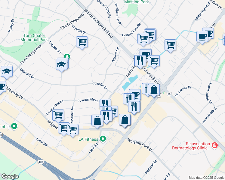 map of restaurants, bars, coffee shops, grocery stores, and more near 3153 Colonial Drive in Mississauga