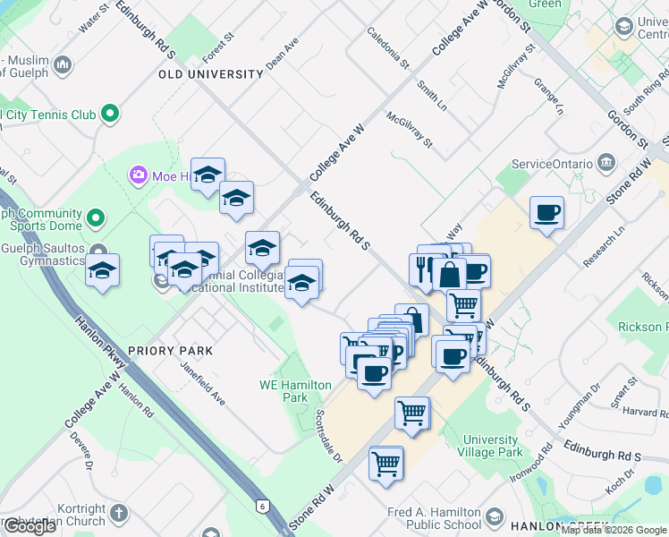 map of restaurants, bars, coffee shops, grocery stores, and more near 37 Wilsonview Avenue in Guelph