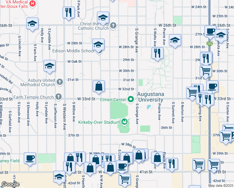 map of restaurants, bars, coffee shops, grocery stores, and more near 2411 South Covell Avenue in Sioux Falls