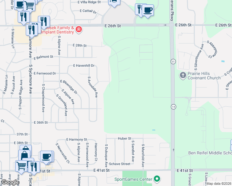 map of restaurants, bars, coffee shops, grocery stores, and more near 2516 South Avondale Avenue in Sioux Falls