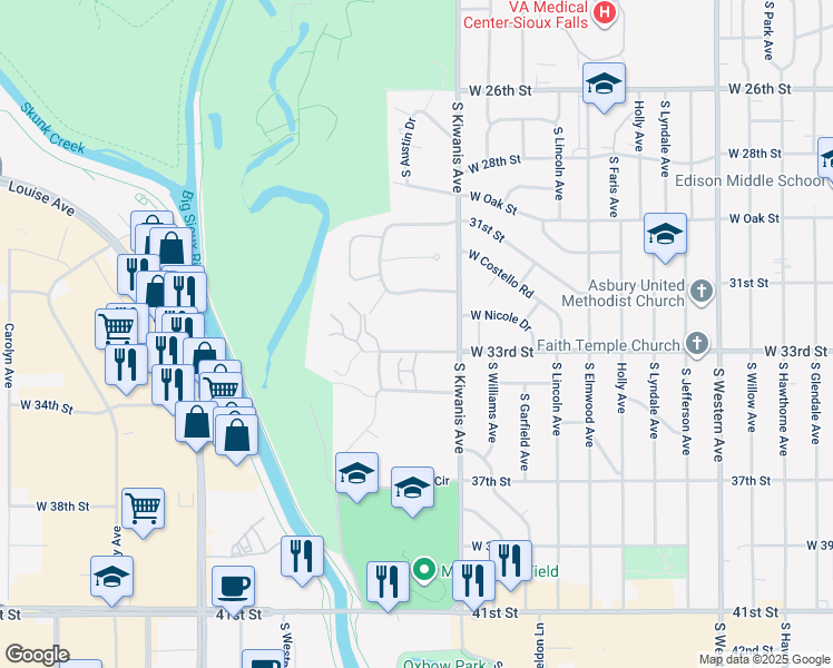 map of restaurants, bars, coffee shops, grocery stores, and more near 2904 West 33rd Street in Sioux Falls