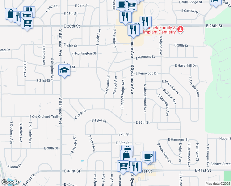 map of restaurants, bars, coffee shops, grocery stores, and more near 2704 South Ascot Avenue in Sioux Falls