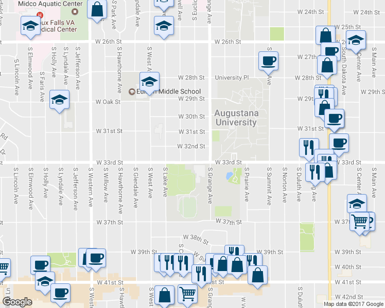 map of restaurants, bars, coffee shops, grocery stores, and more near 2409 South Euclid Avenue in Sioux Falls