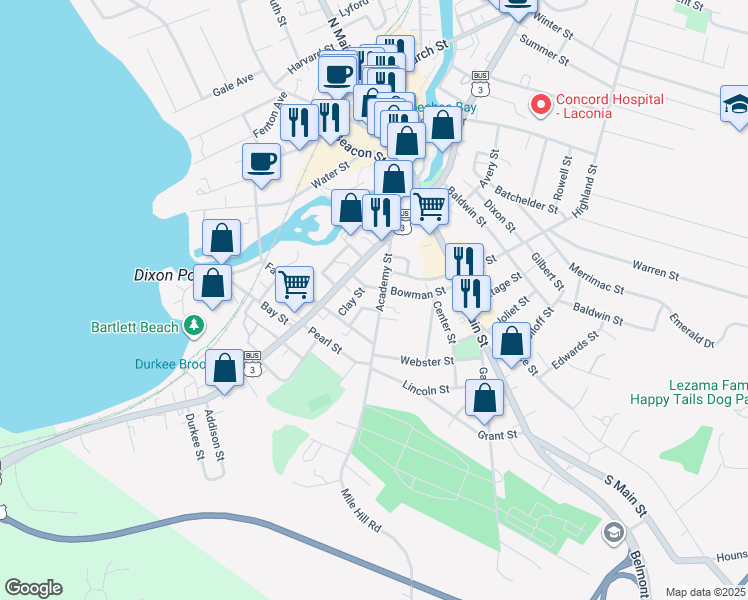 map of restaurants, bars, coffee shops, grocery stores, and more near 61 Academy Street in Laconia