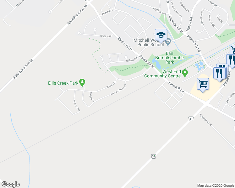 map of restaurants, bars, coffee shops, grocery stores, and more near 46 Curzon Crescent in Guelph