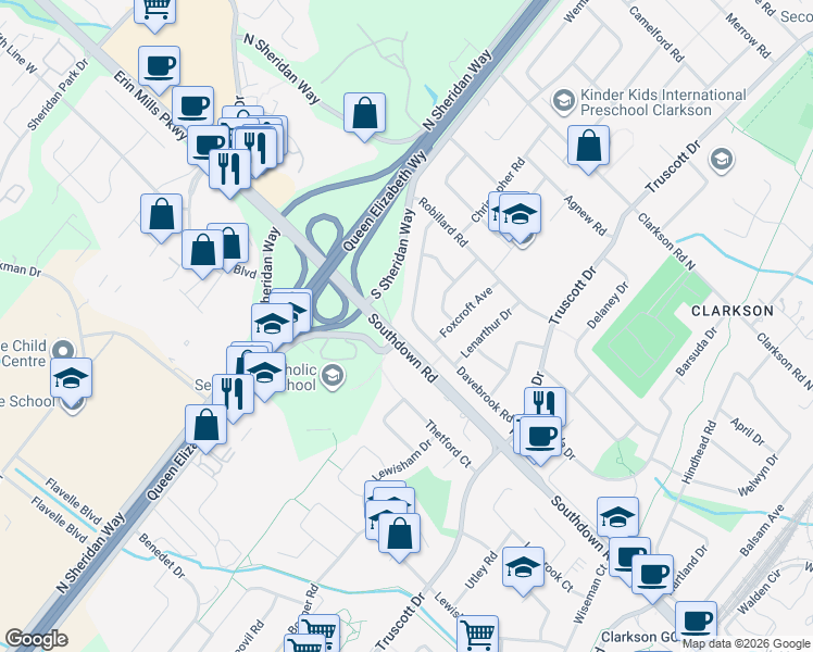 map of restaurants, bars, coffee shops, grocery stores, and more near in Mississauga