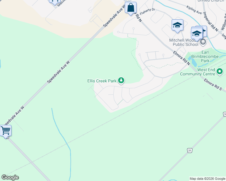 map of restaurants, bars, coffee shops, grocery stores, and more near 12 Drone Crescent in Guelph