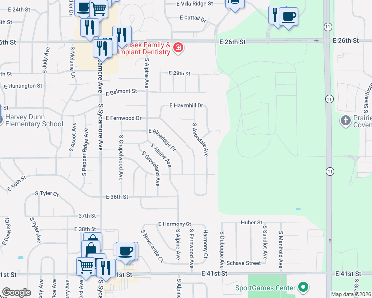map of restaurants, bars, coffee shops, grocery stores, and more near 5108 East Blueridge Drive in Sioux Falls