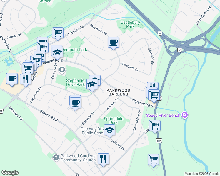 map of restaurants, bars, coffee shops, grocery stores, and more near 375 Imperial Road South in Guelph
