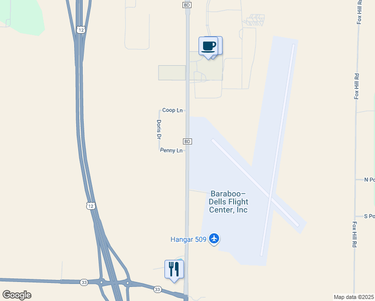 map of restaurants, bars, coffee shops, grocery stores, and more near County Highway Boulevard in Baraboo