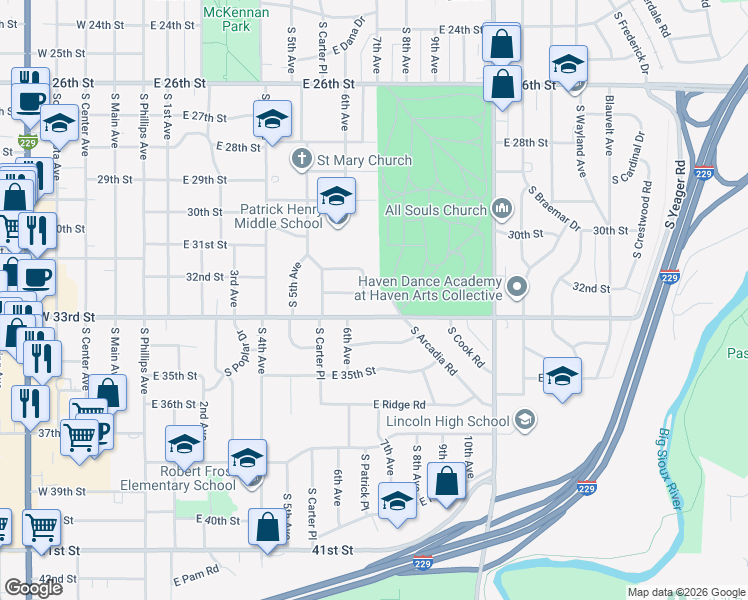 map of restaurants, bars, coffee shops, grocery stores, and more near 717 East 32nd Street in Sioux Falls