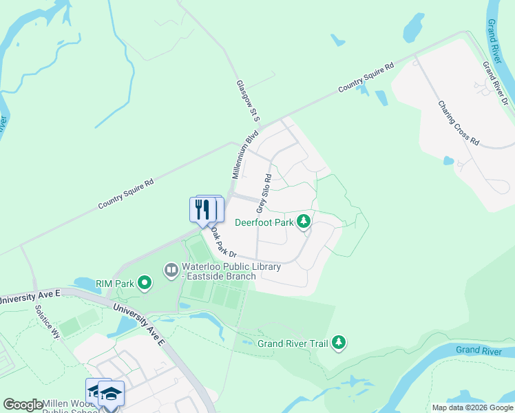 map of restaurants, bars, coffee shops, grocery stores, and more near 271 Grey Silo Road in Waterloo