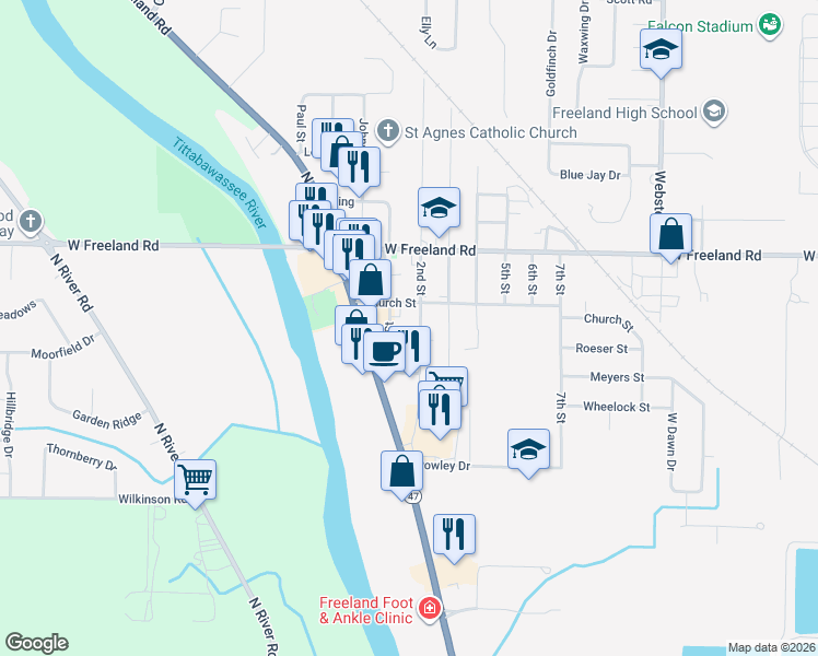 map of restaurants, bars, coffee shops, grocery stores, and more near 245 Roeser Street in Freeland