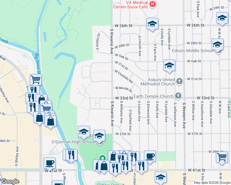 map of restaurants, bars, coffee shops, grocery stores, and more near 2507 South Lockwood Place in Sioux Falls
