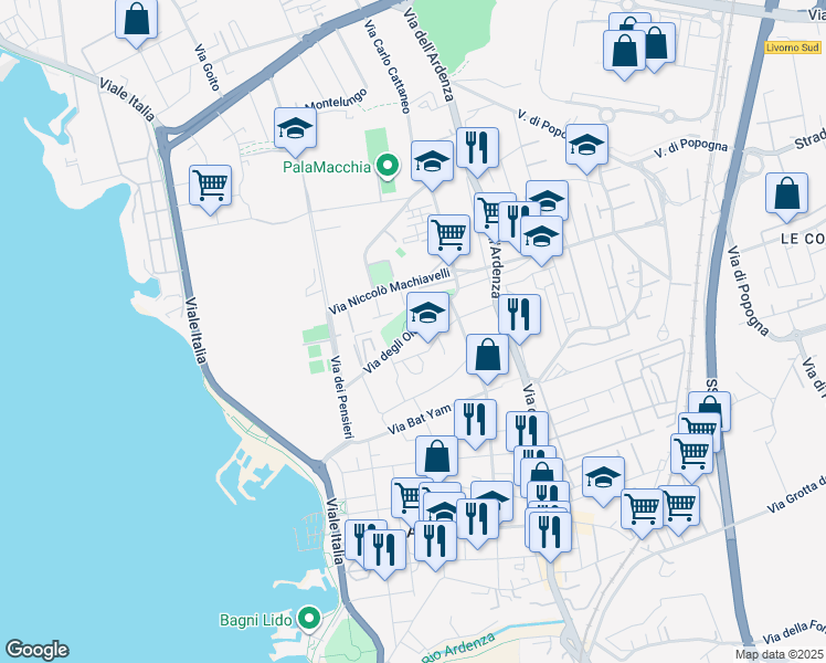 map of restaurants, bars, coffee shops, grocery stores, and more near 28 Via degli Oleandri in Livorno