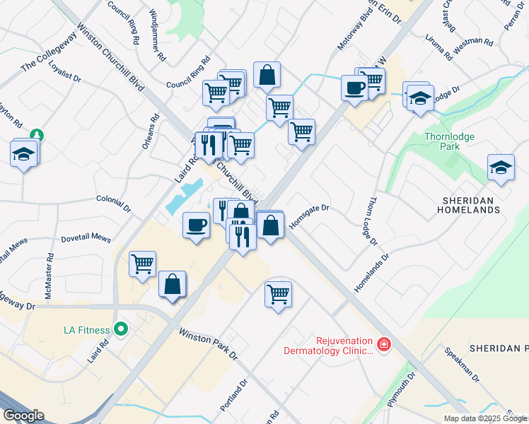 map of restaurants, bars, coffee shops, grocery stores, and more near Winston Churchill Blvd & Dundas St W in Oakville