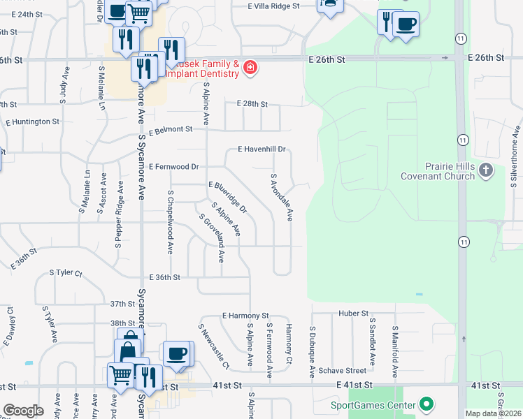 map of restaurants, bars, coffee shops, grocery stores, and more near 5108 East Blueridge Drive in Sioux Falls