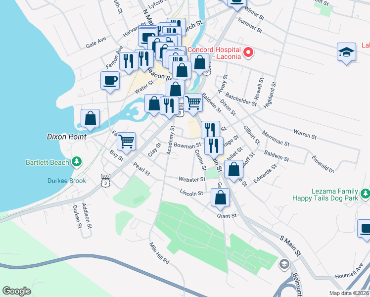 map of restaurants, bars, coffee shops, grocery stores, and more near 40 Bowman Street in Laconia