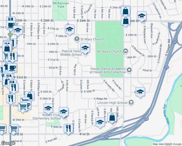 map of restaurants, bars, coffee shops, grocery stores, and more near 717 East 32nd Street in Sioux Falls