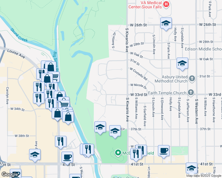 map of restaurants, bars, coffee shops, grocery stores, and more near 2904 West 33rd Street in Sioux Falls