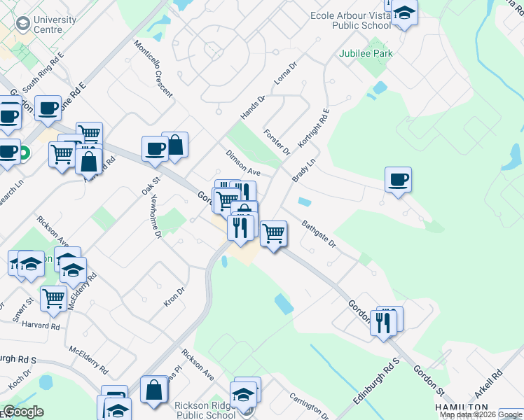 map of restaurants, bars, coffee shops, grocery stores, and more near 16 Brady Lane in Guelph