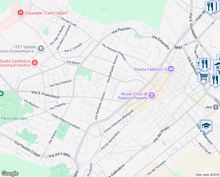 map of restaurants, bars, coffee shops, grocery stores, and more near 38/1 Via Raffaello Sanzio in Jesi