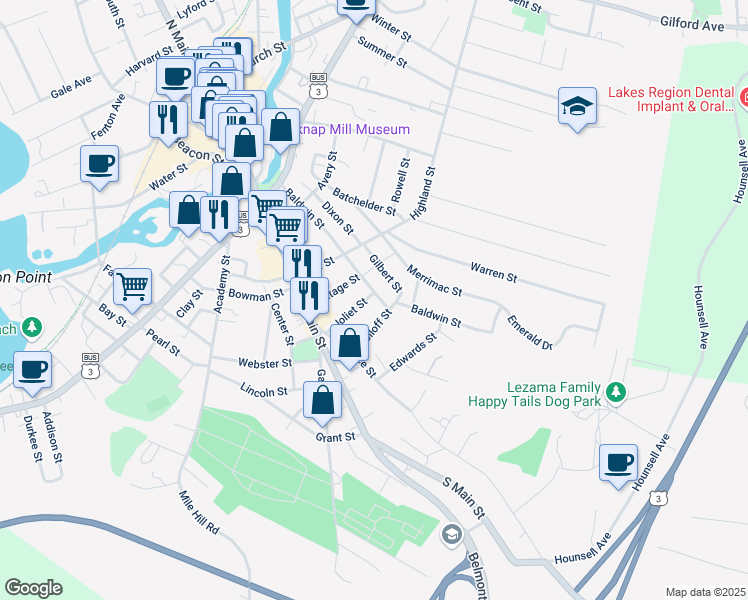 map of restaurants, bars, coffee shops, grocery stores, and more near 159 Baldwin Street in Laconia